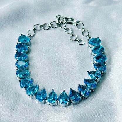 Aqua Blue Sapphire Cubic Zircon Stone American Diamond Silver Plated Chain Bracelet