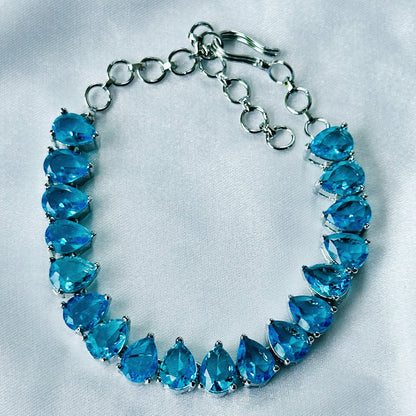 Aqua Blue Sapphire Cubic Zircon Stone American Diamond Silver Plated Chain Bracelet