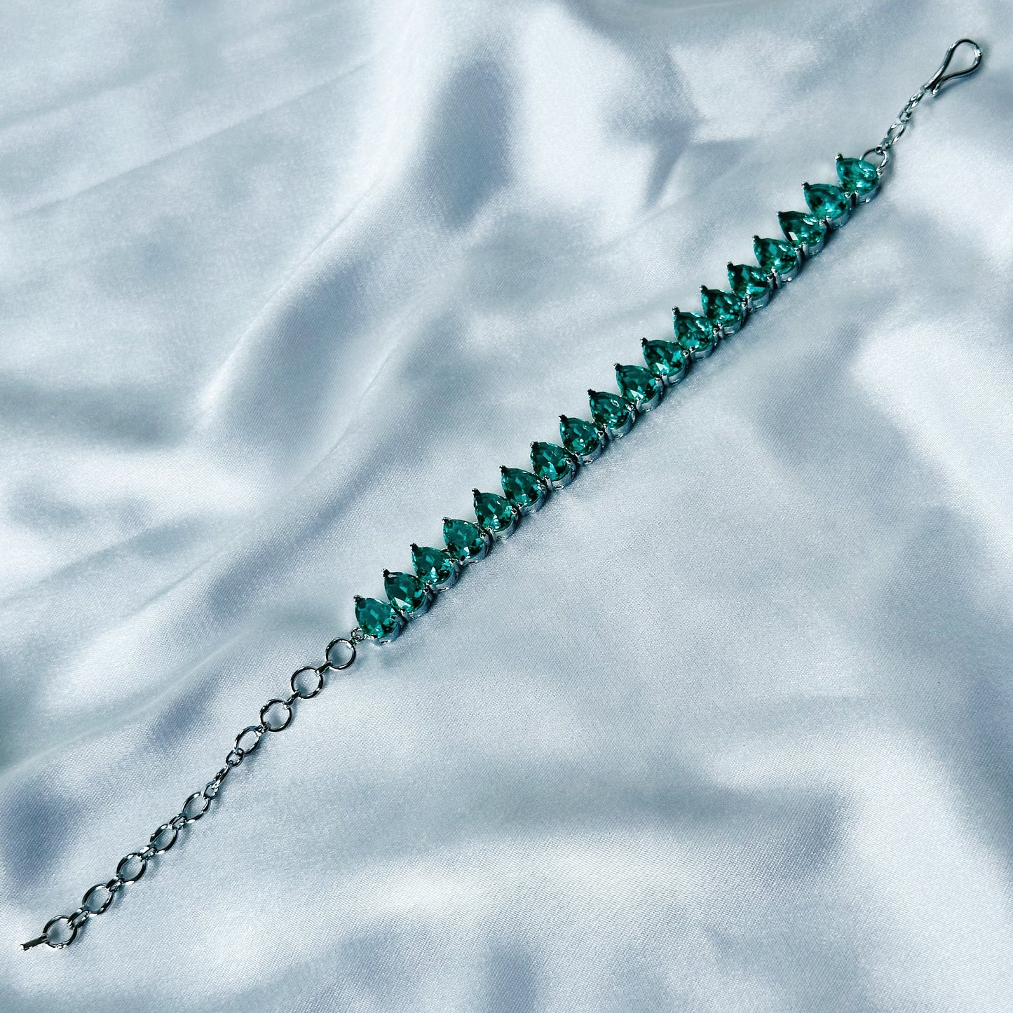 Sea Green Topaz Cubic Zircon Stone American Diamond Silver Plated Chain Bracelet