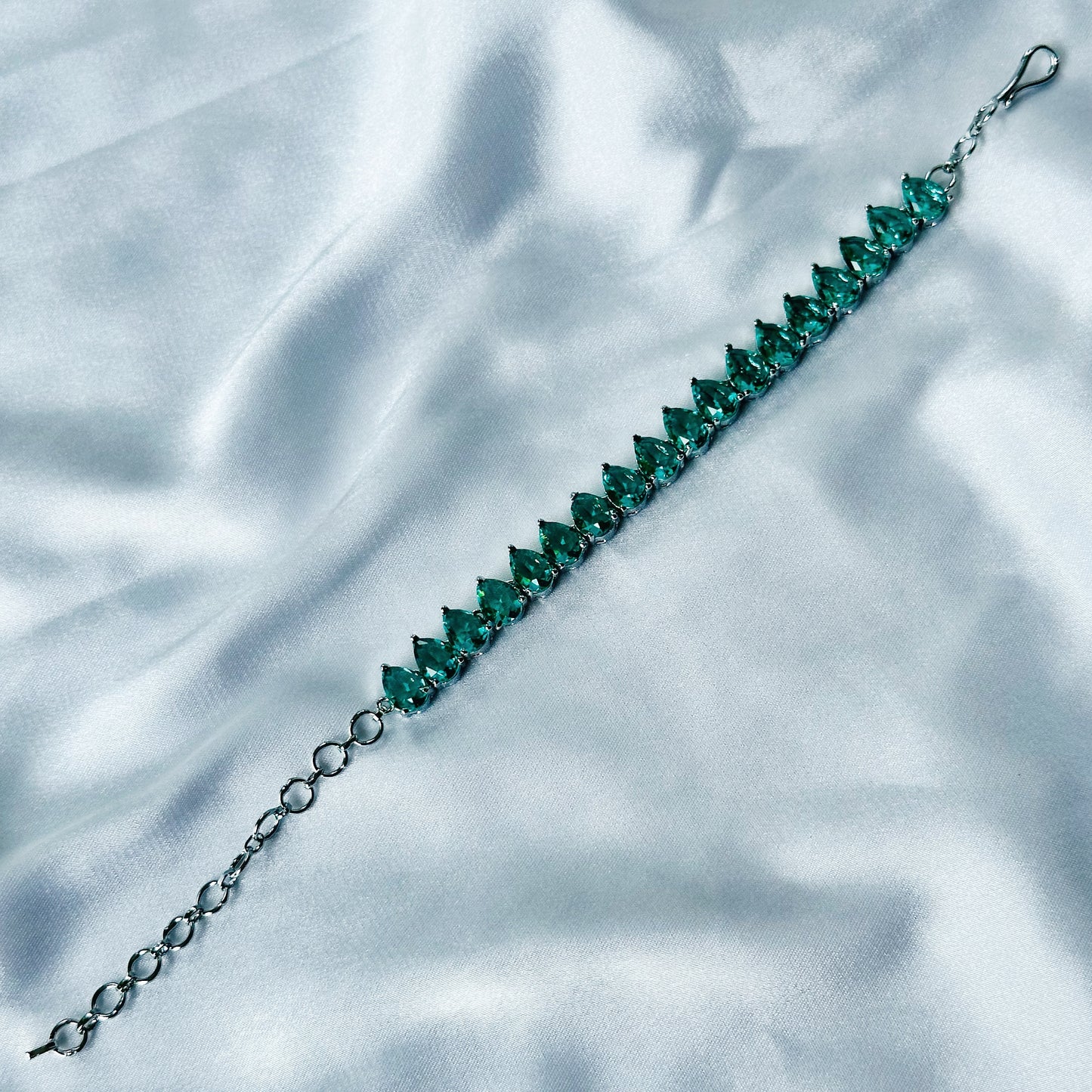 Sea Green Topaz Cubic Zircon Stone American Diamond Silver Plated Chain Bracelet