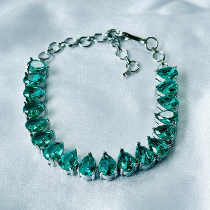 Sea Green Topaz Cubic Zircon Stone American Diamond Silver Plated Chain Bracelet