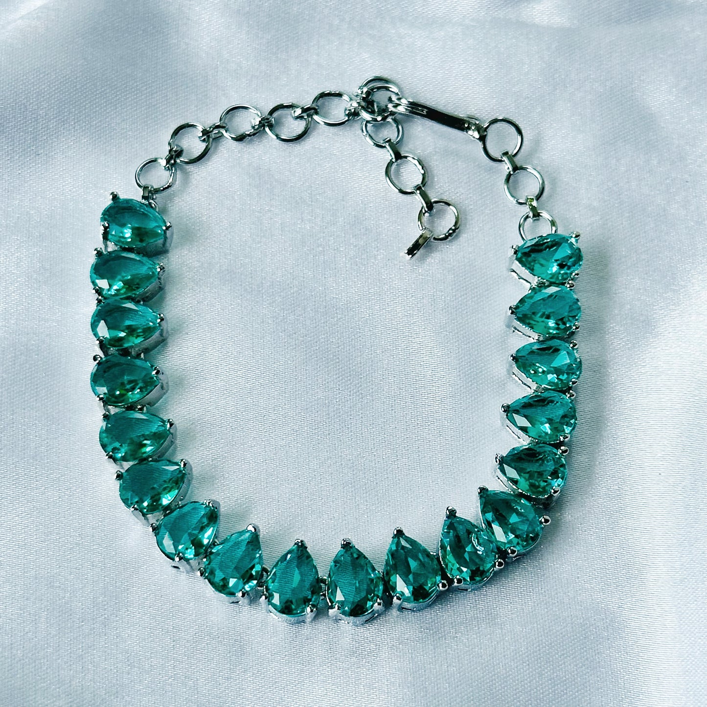 Sea Green Topaz Cubic Zircon Stone American Diamond Silver Plated Chain Bracelet