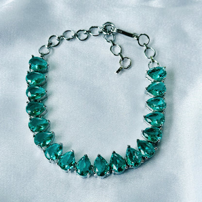 Sea Green Topaz Cubic Zircon Stone American Diamond Silver Plated Chain Bracelet
