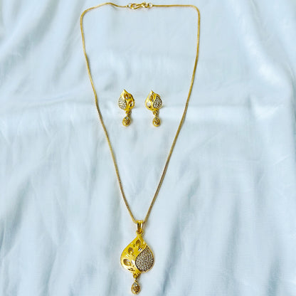 Leaf Drop Design American Diamond 1 Micron Gold Plated Pendant Set