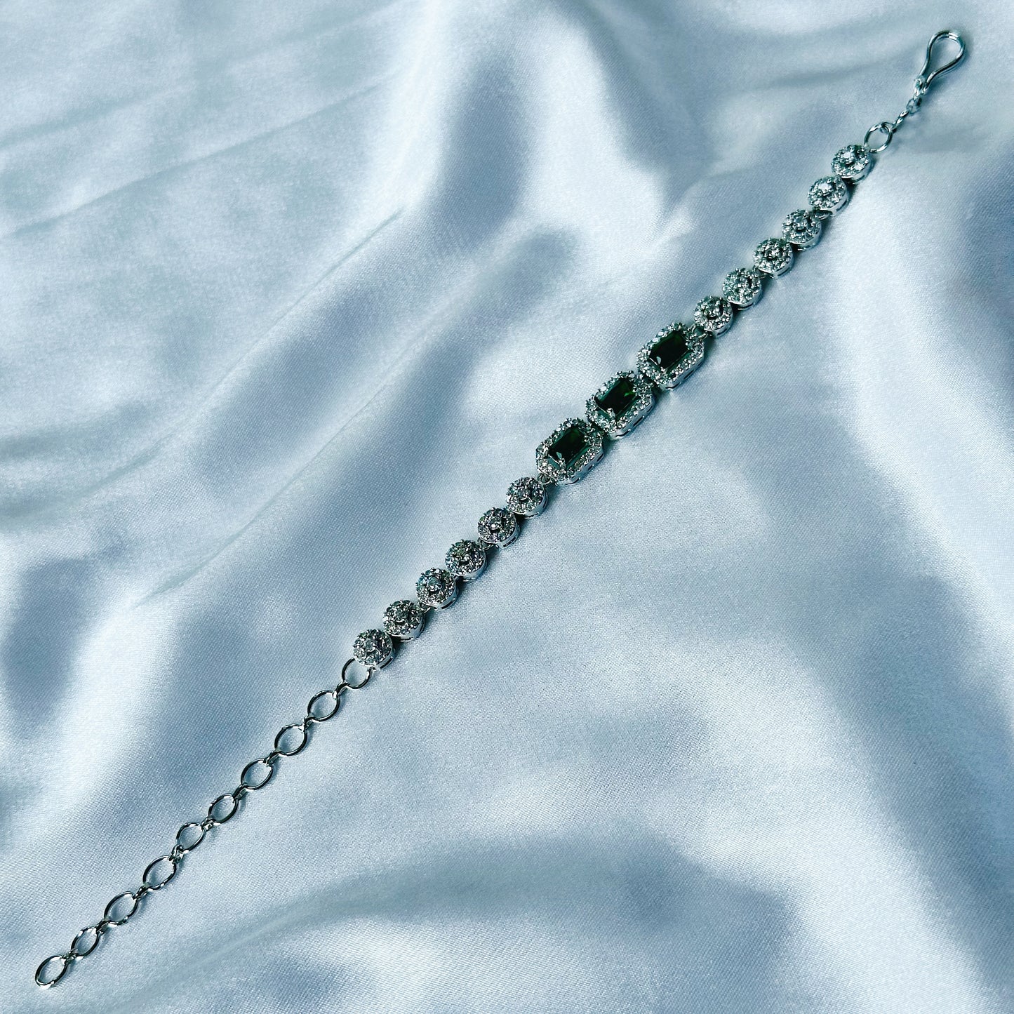 Green Emerald Cubic Zircon Stone American Diamond Silver Plated Chain Bracelet