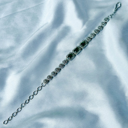 Green Emerald Cubic Zircon Stone American Diamond Silver Plated Chain Bracelet