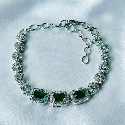 Green Emerald Cubic Zircon Stone American Diamond Silver Plated Chain Bracelet