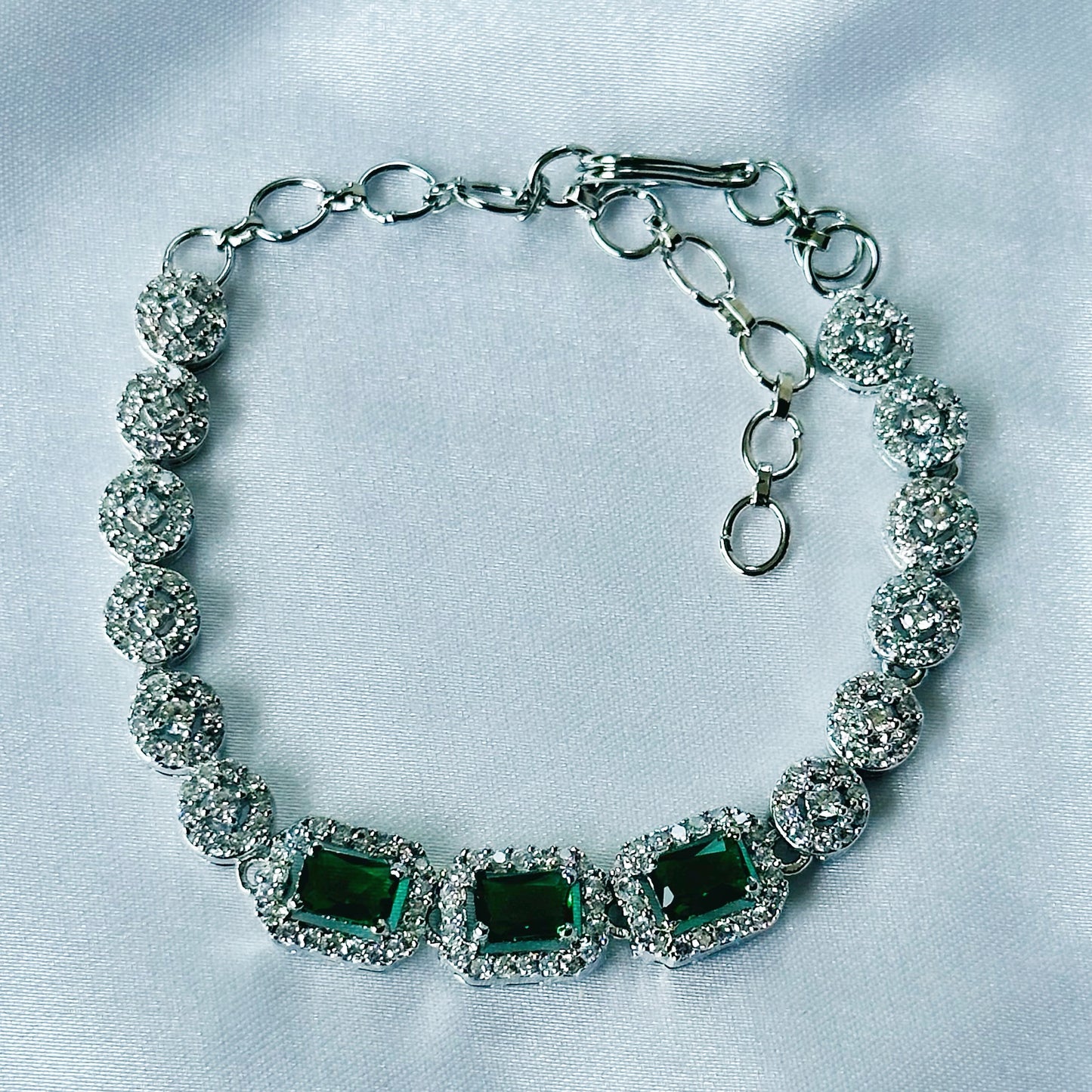Green Emerald Cubic Zircon Stone American Diamond Silver Plated Chain Bracelet