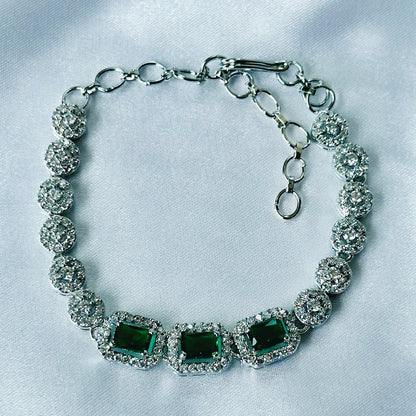 Green Emerald Cubic Zircon Stone American Diamond Silver Plated Chain Bracelet
