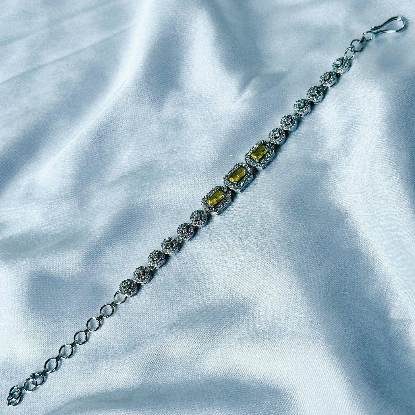Yellow Topaz Cubic Zircon Stone American Diamond Silver Plated Chain Bracelet