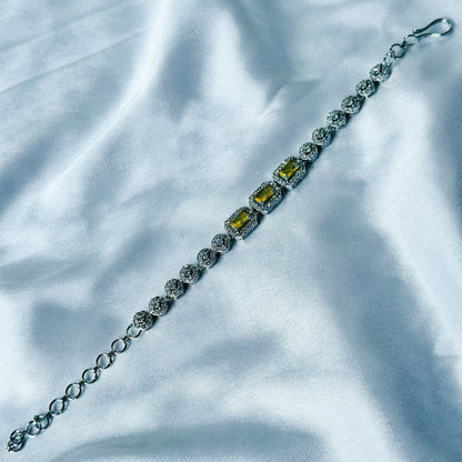 Yellow Topaz Cubic Zircon Stone American Diamond Silver Plated Chain Bracelet