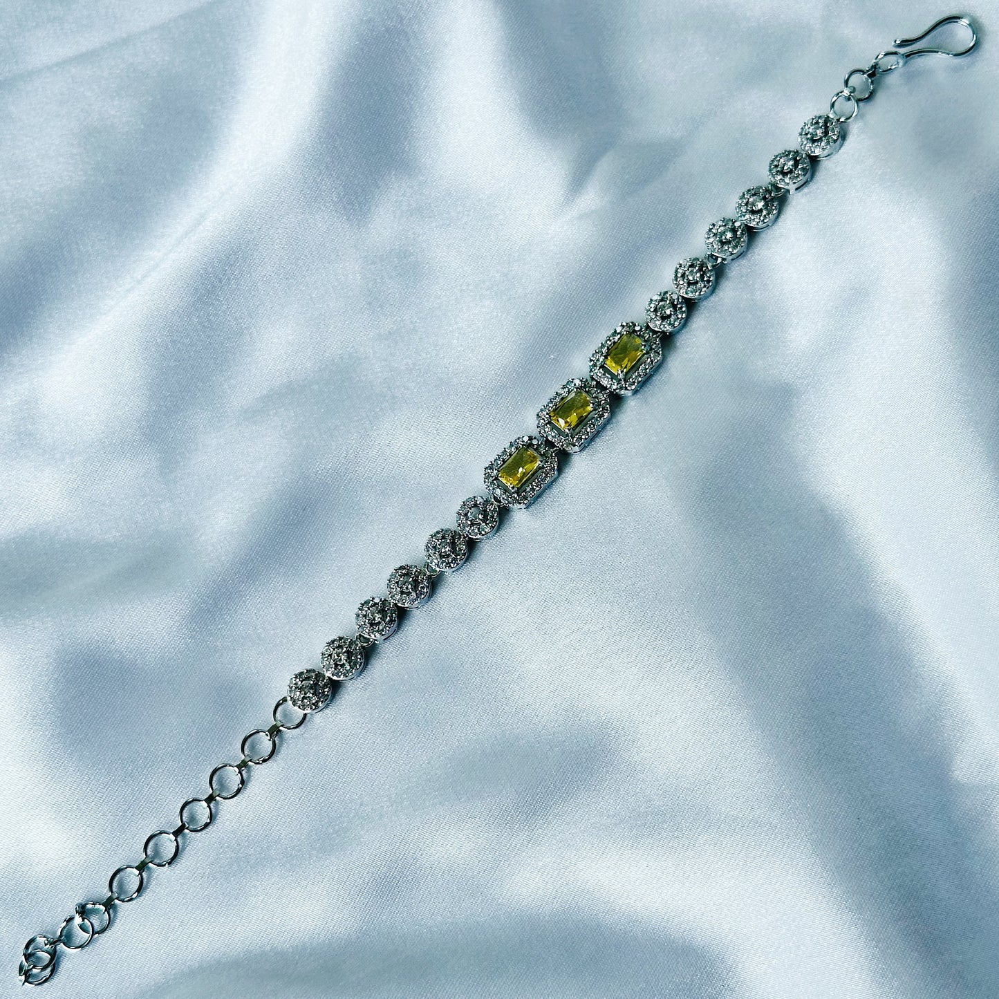 Yellow Topaz Cubic Zircon Stone American Diamond Silver Plated Chain Bracelet