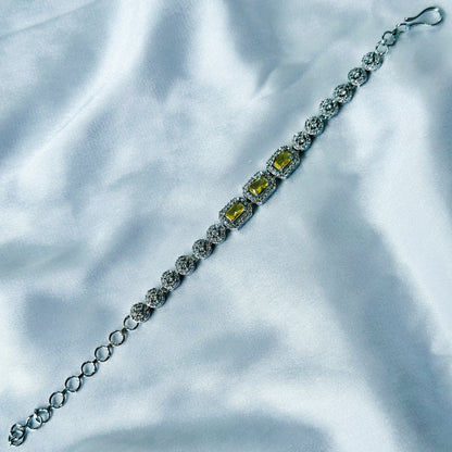 Yellow Topaz Cubic Zircon Stone American Diamond Silver Plated Chain Bracelet