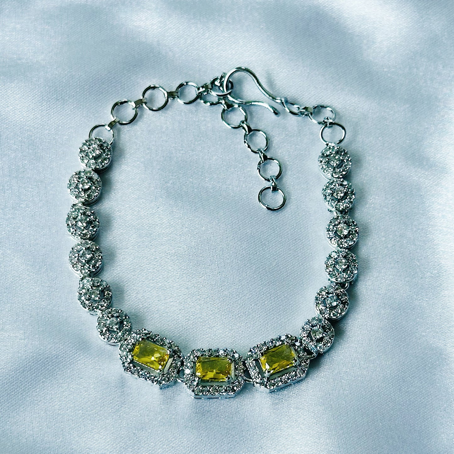 Yellow Topaz Cubic Zircon Stone American Diamond Silver Plated Chain Bracelet