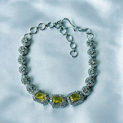 Yellow Topaz Cubic Zircon Stone American Diamond Silver Plated Chain Bracelet