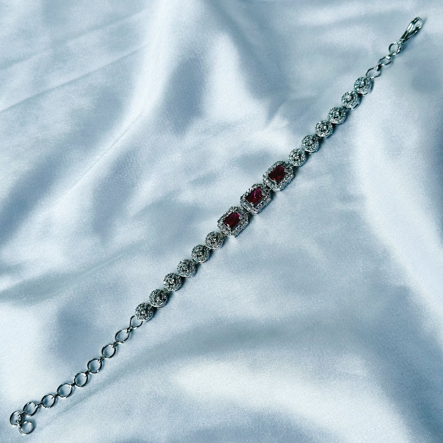 Red Ruby Cubic Zircon Stone American Diamond Silver Plated Chain Bracelet