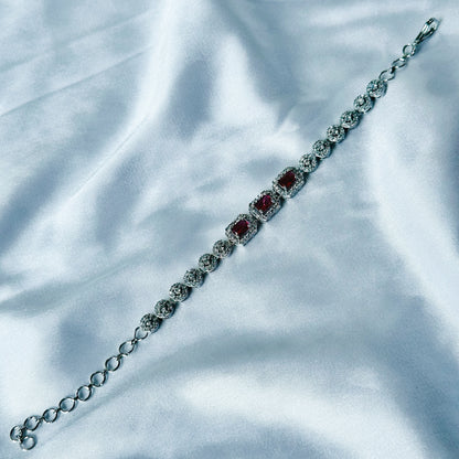Red Ruby Cubic Zircon Stone American Diamond Silver Plated Chain Bracelet