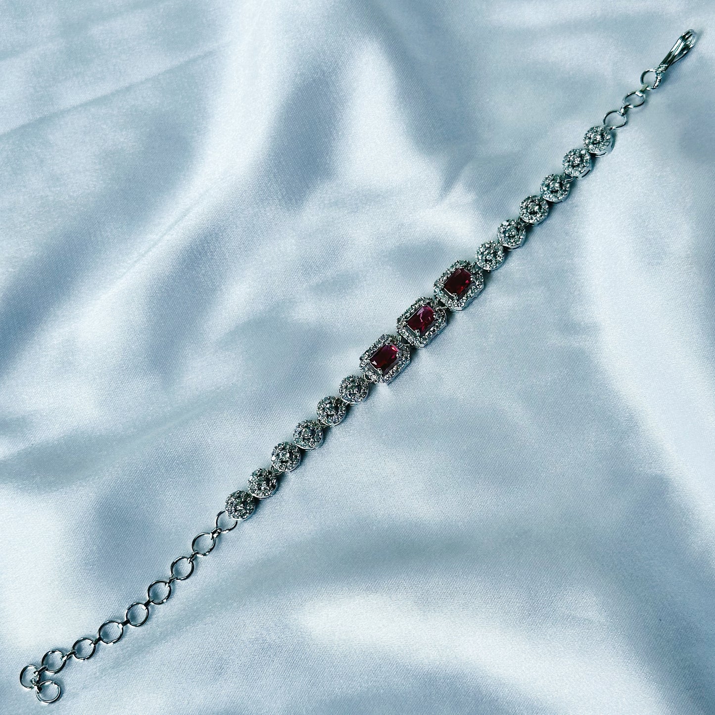 Red Ruby Cubic Zircon Stone American Diamond Silver Plated Chain Bracelet