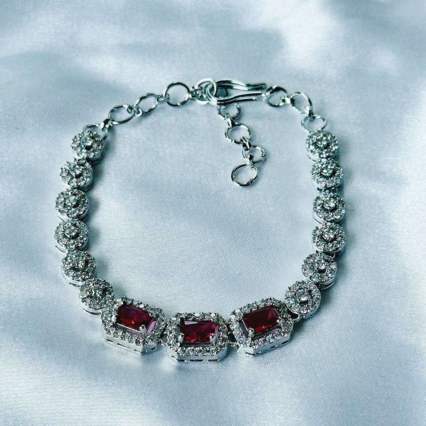 Red Ruby Cubic Zircon Stone American Diamond Silver Plated Chain Bracelet