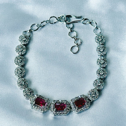 Red Ruby Cubic Zircon Stone American Diamond Silver Plated Chain Bracelet