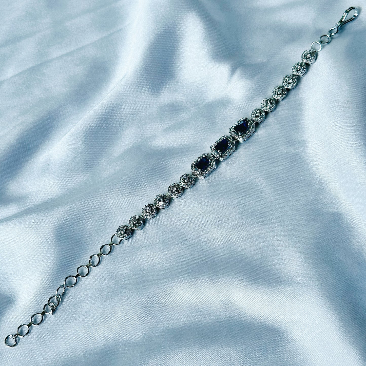 Blue Sapphire Cubic Zircon Stone American Diamond Silver Plated Chain Bracelet