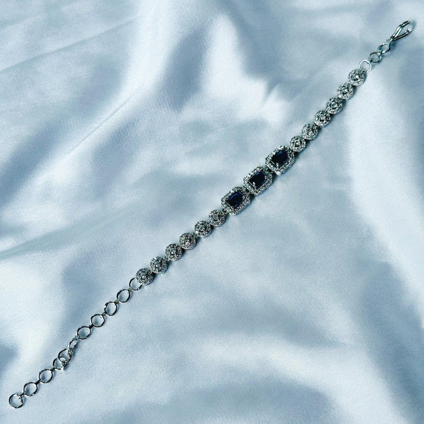 Blue Sapphire Cubic Zircon Stone American Diamond Silver Plated Chain Bracelet