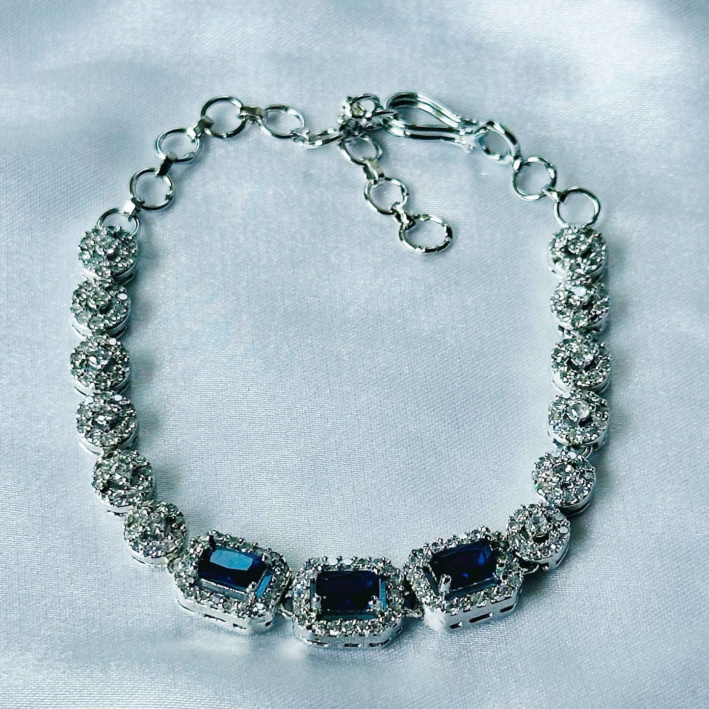 Blue Sapphire Cubic Zircon Stone American Diamond Silver Plated Chain Bracelet