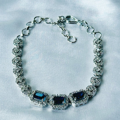 Blue Sapphire Cubic Zircon Stone American Diamond Silver Plated Chain Bracelet