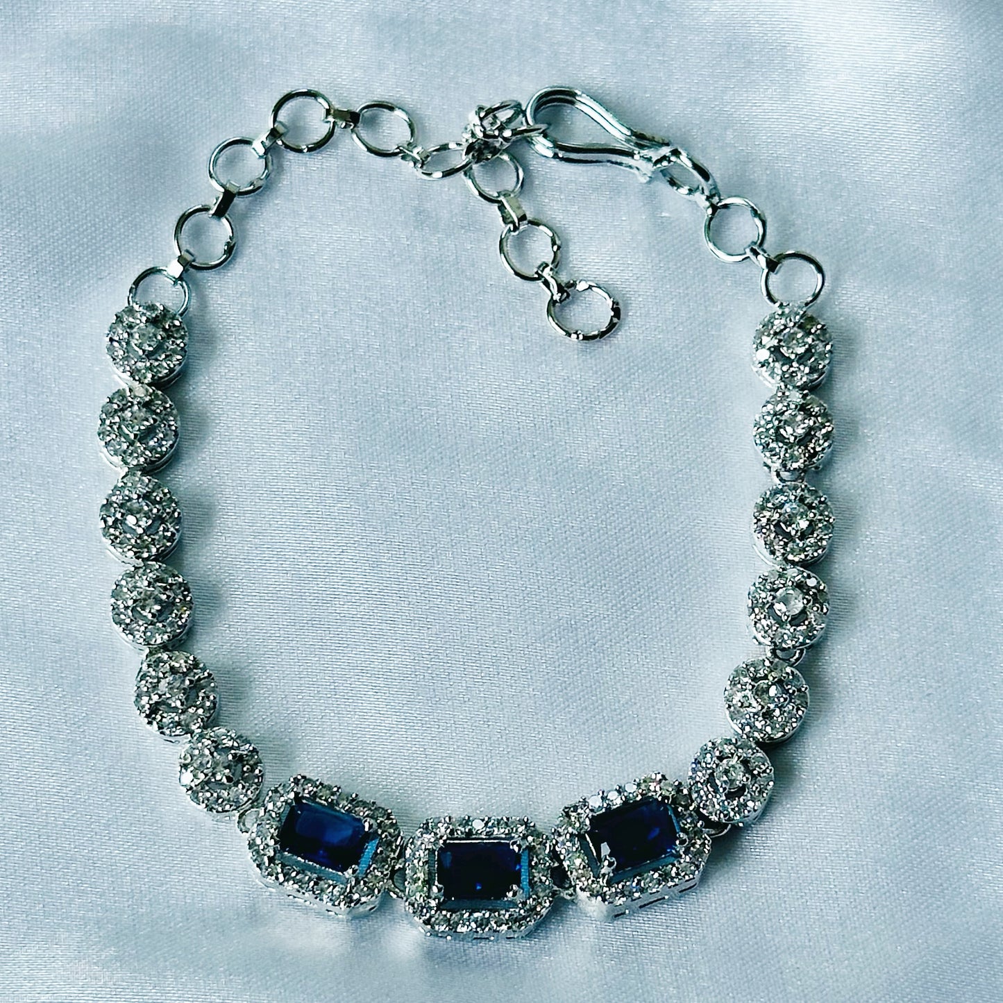 Blue Sapphire Cubic Zircon Stone American Diamond Silver Plated Chain Bracelet