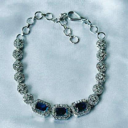 Blue Sapphire Cubic Zircon Stone American Diamond Silver Plated Chain Bracelet