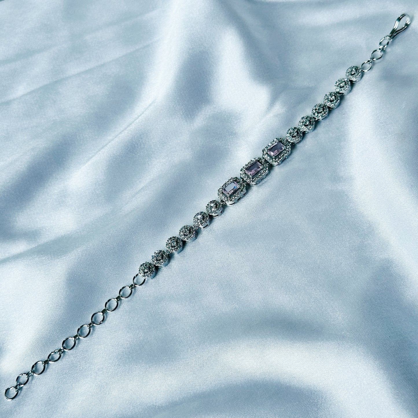 Pink Topaz Cubic Zircon Stone American Diamond Silver Plated Chain Bracelet