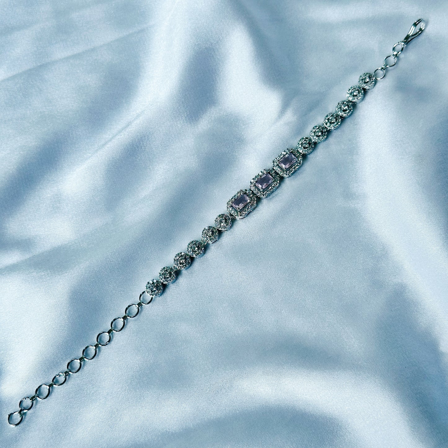 Pink Topaz Cubic Zircon Stone American Diamond Silver Plated Chain Bracelet