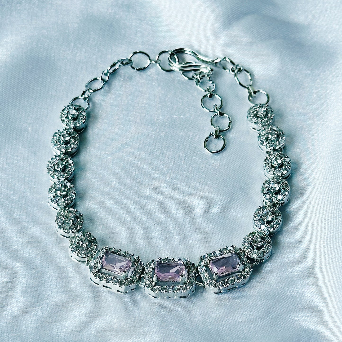Pink Topaz Cubic Zircon Stone American Diamond Silver Plated Chain Bracelet
