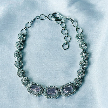 Pink Topaz Cubic Zircon Stone American Diamond Silver Plated Chain Bracelet