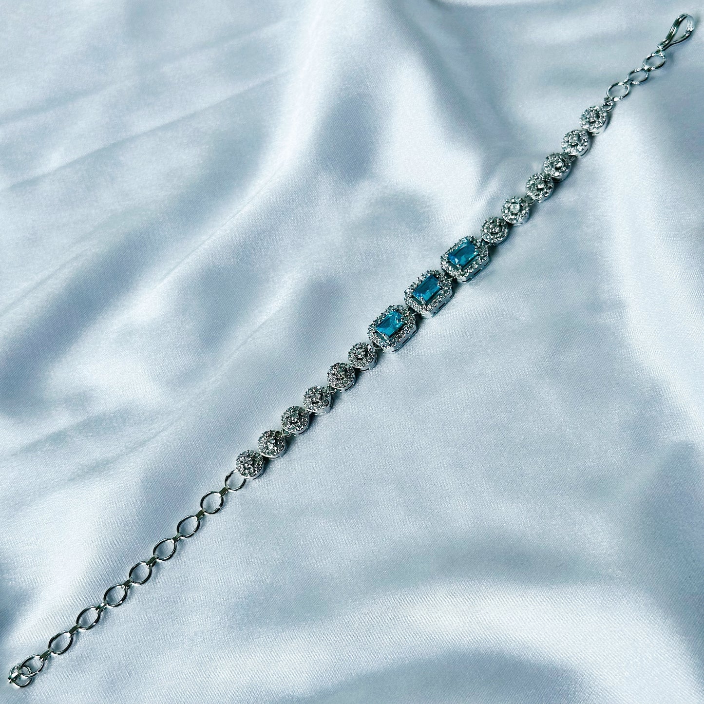 Aqua Blue Sapphire Cubic Zircon Stone American Diamond Silver Plated Chain Bracelet