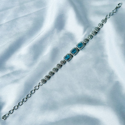 Aqua Blue Sapphire Cubic Zircon Stone American Diamond Silver Plated Chain Bracelet