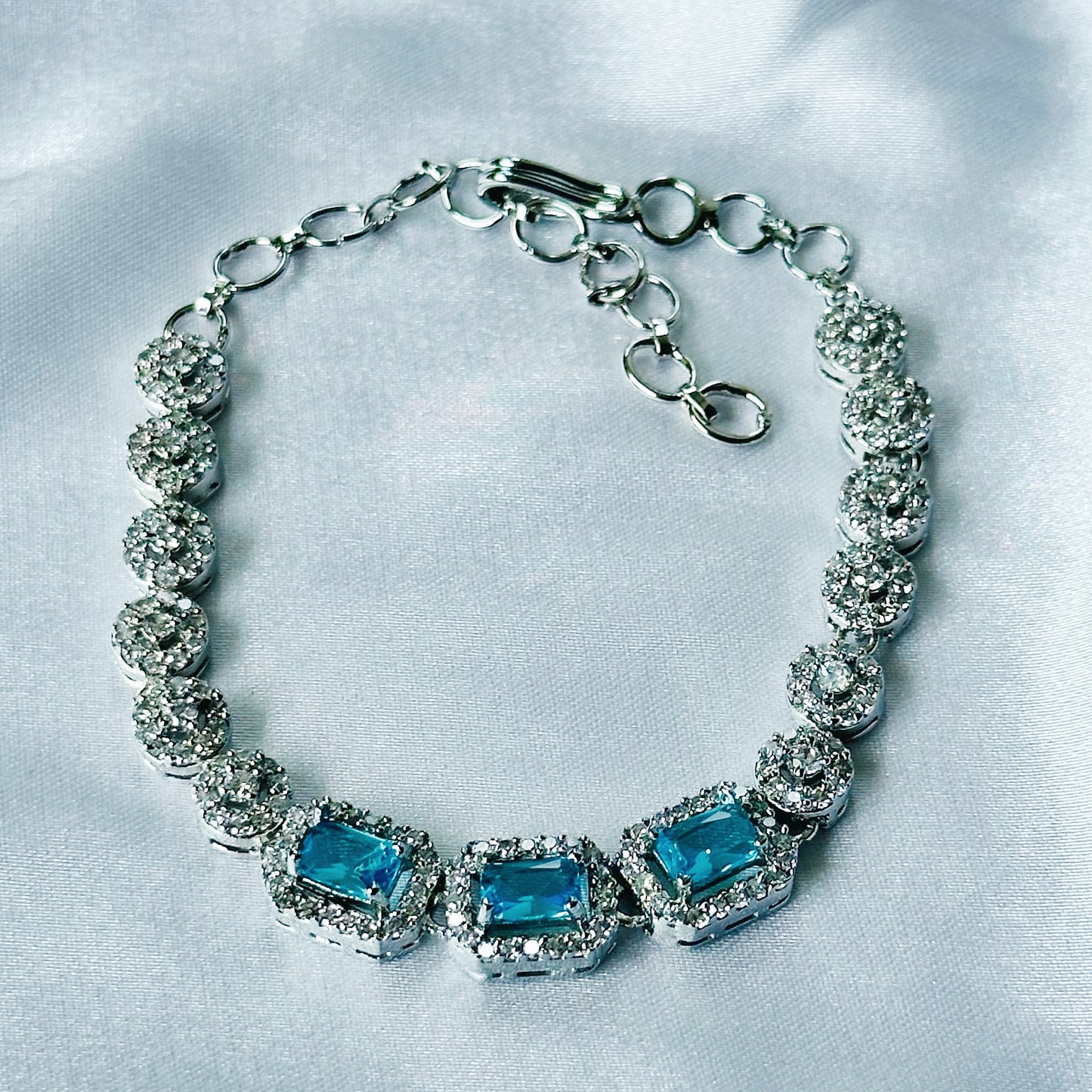 Aqua Blue Sapphire Cubic Zircon Stone American Diamond Silver Plated Chain Bracelet