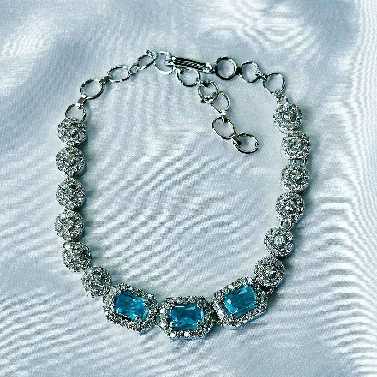 Aqua Blue Sapphire Cubic Zircon Stone American Diamond Silver Plated Chain Bracelet