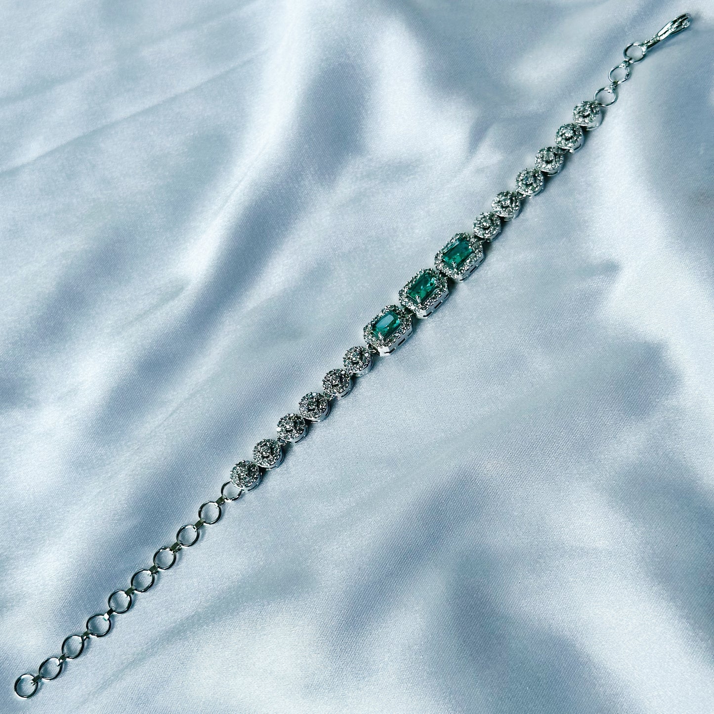 Sea Green Topaz Cubic Zircon Stone American Diamond Silver Plated Chain Bracelet