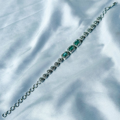 Sea Green Topaz Cubic Zircon Stone American Diamond Silver Plated Chain Bracelet