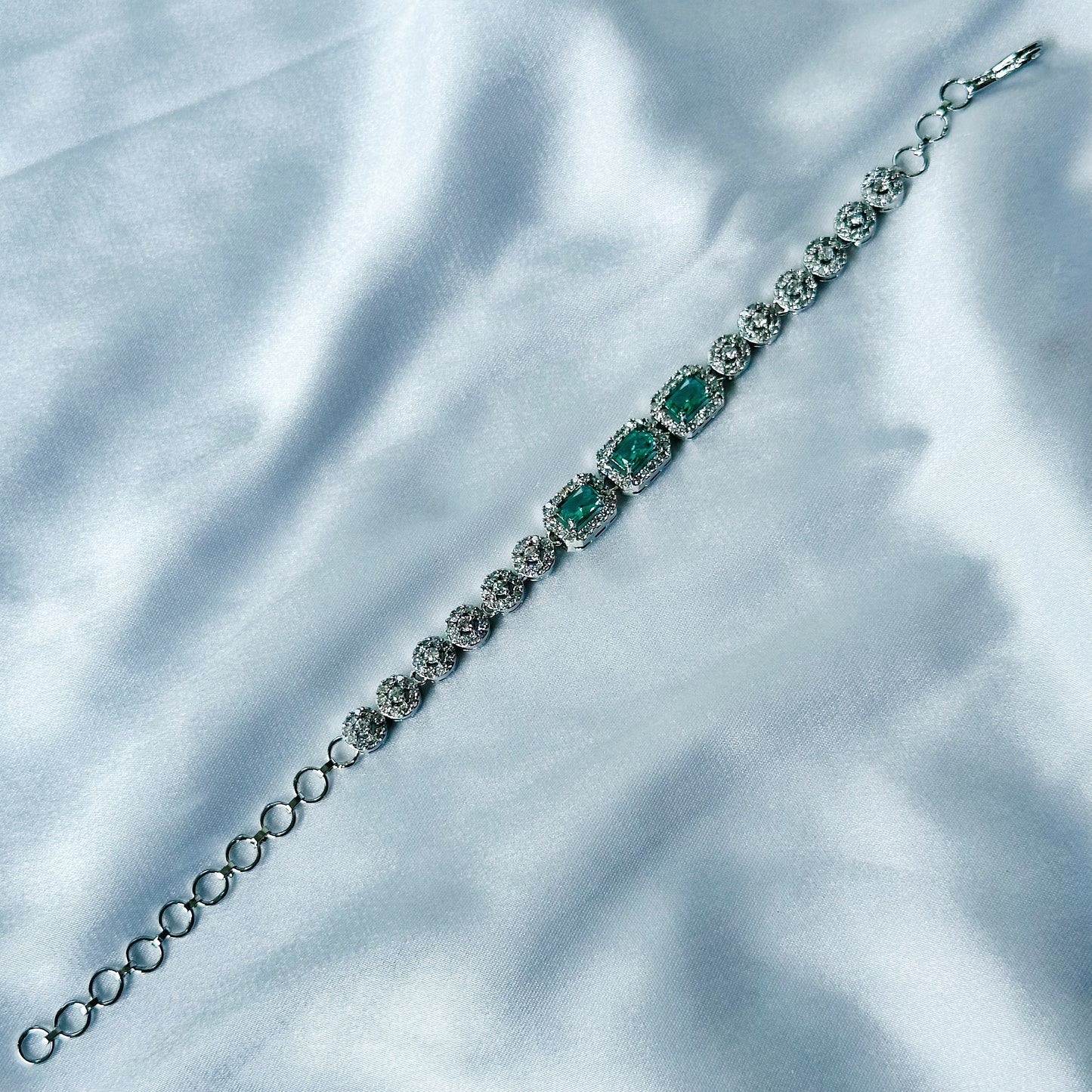 Sea Green Topaz Cubic Zircon Stone American Diamond Silver Plated Chain Bracelet