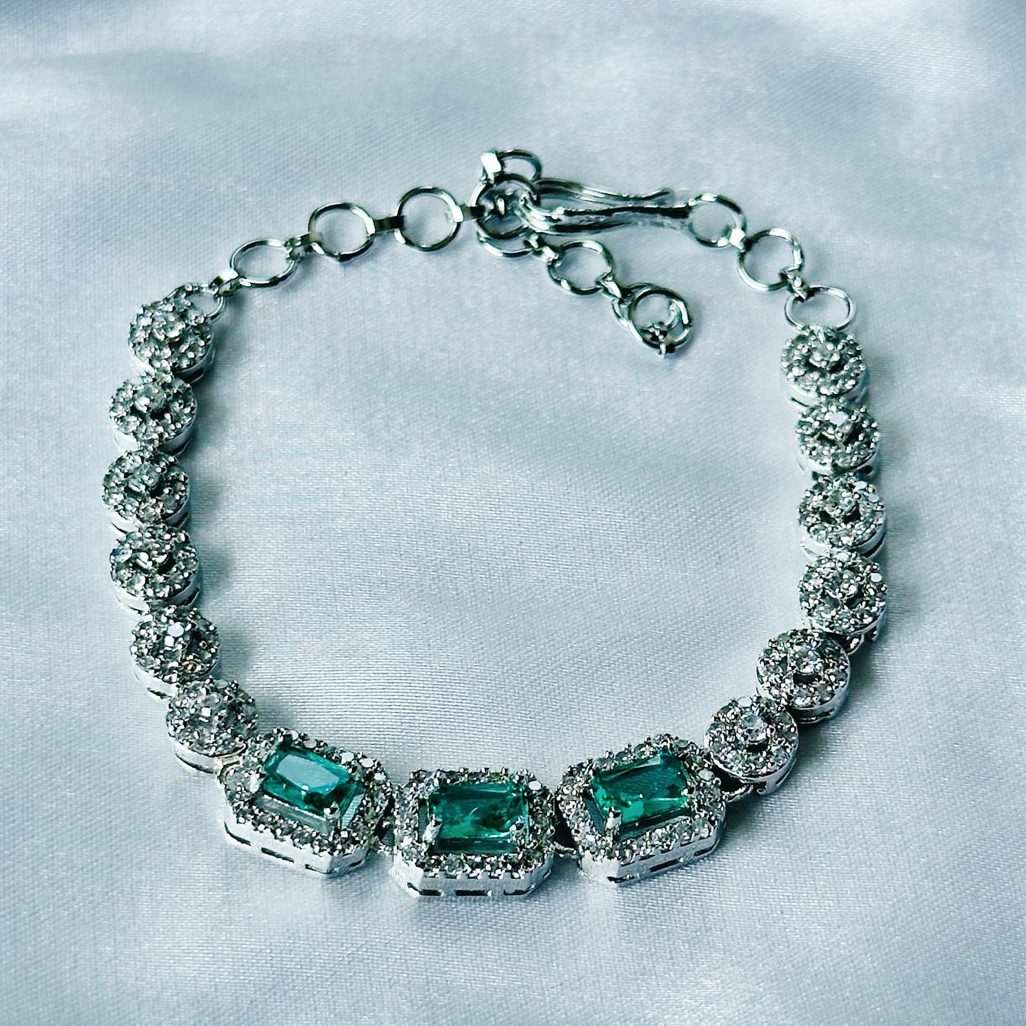 Sea Green Topaz Cubic Zircon Stone American Diamond Silver Plated Chain Bracelet