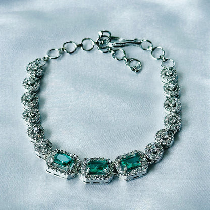 Sea Green Topaz Cubic Zircon Stone American Diamond Silver Plated Chain Bracelet