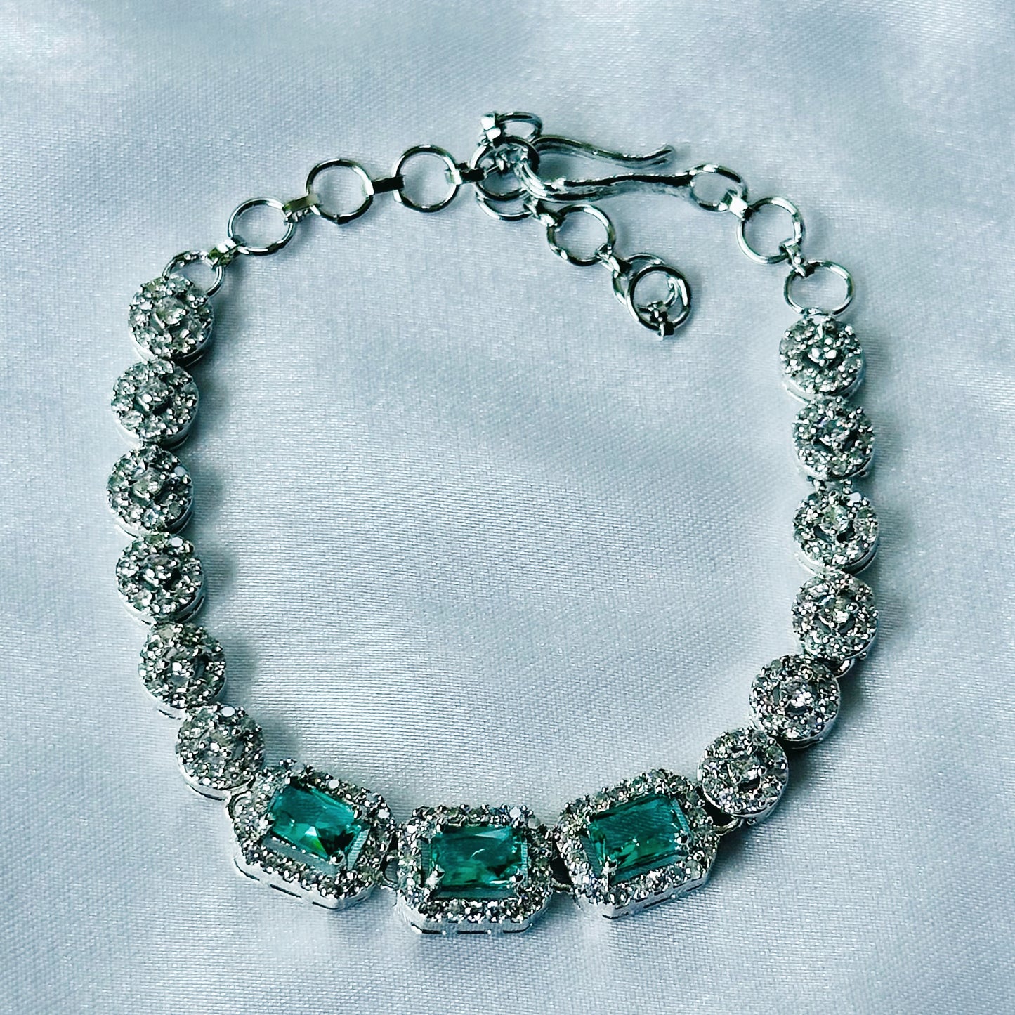 Sea Green Topaz Cubic Zircon Stone American Diamond Silver Plated Chain Bracelet