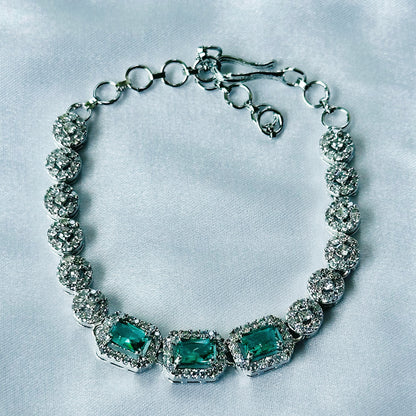 Sea Green Topaz Cubic Zircon Stone American Diamond Silver Plated Chain Bracelet