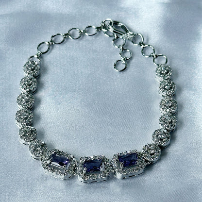 Deep Purple Amethyst Cubic Zircon Stone American Diamond Silver Plated Chain Bracelet