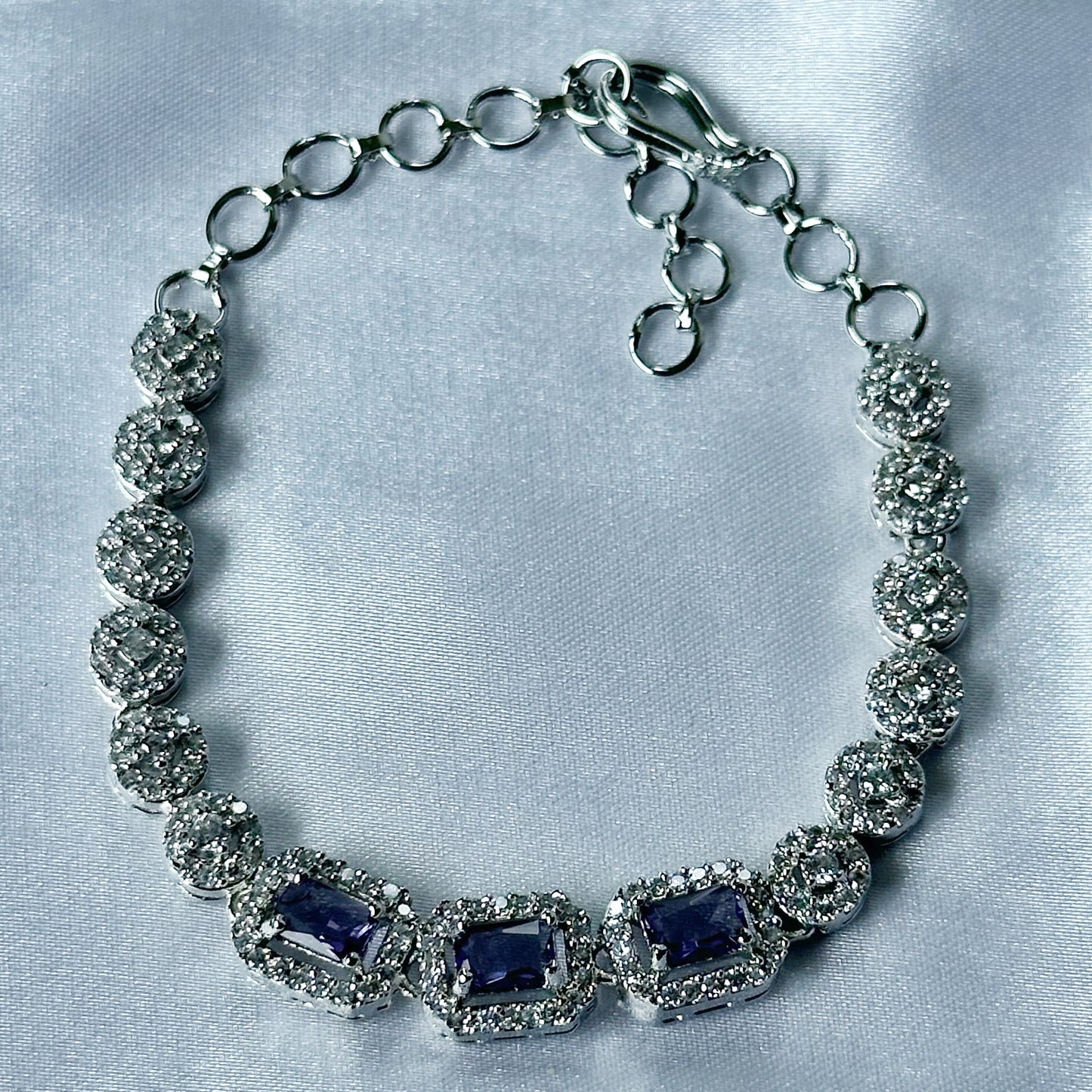 Deep Purple Amethyst Cubic Zircon Stone American Diamond Silver Plated Chain Bracelet