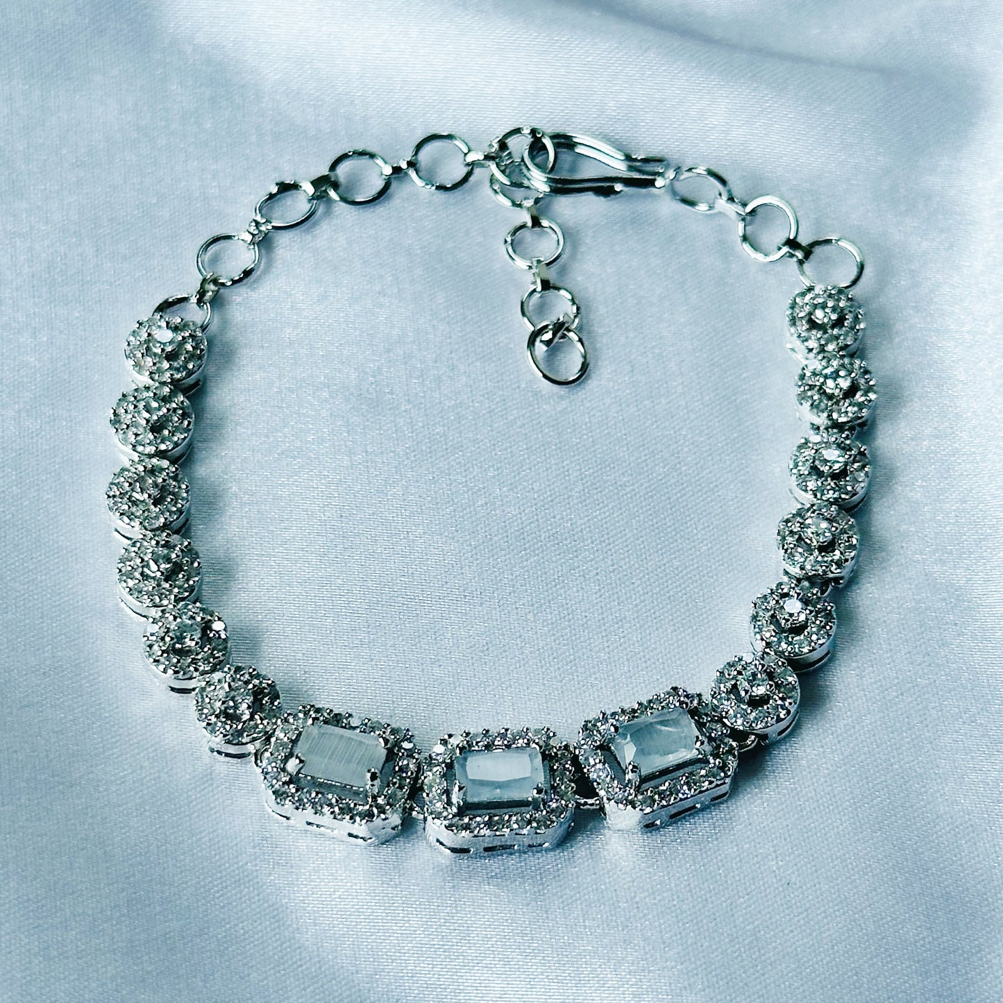 Grey Zircon Stone American Diamond Silver Plated Chain Bracelet