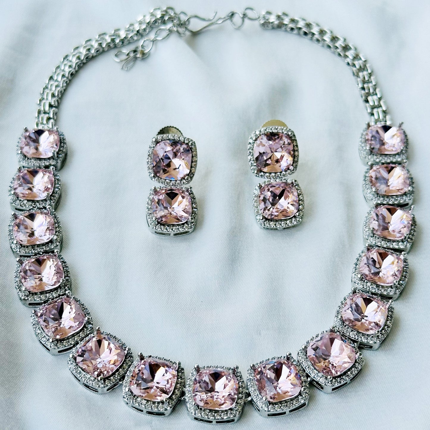 Lt Pink Topaz Swarovski Crystal American Diamond Silver Plated Necklace Set