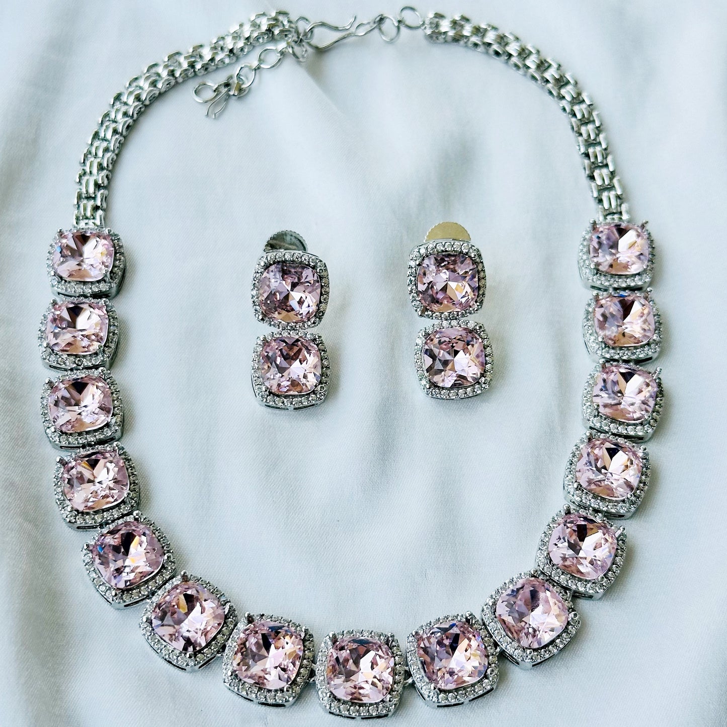 Lt Pink Topaz Swarovski Crystal American Diamond Silver Plated Necklace Set